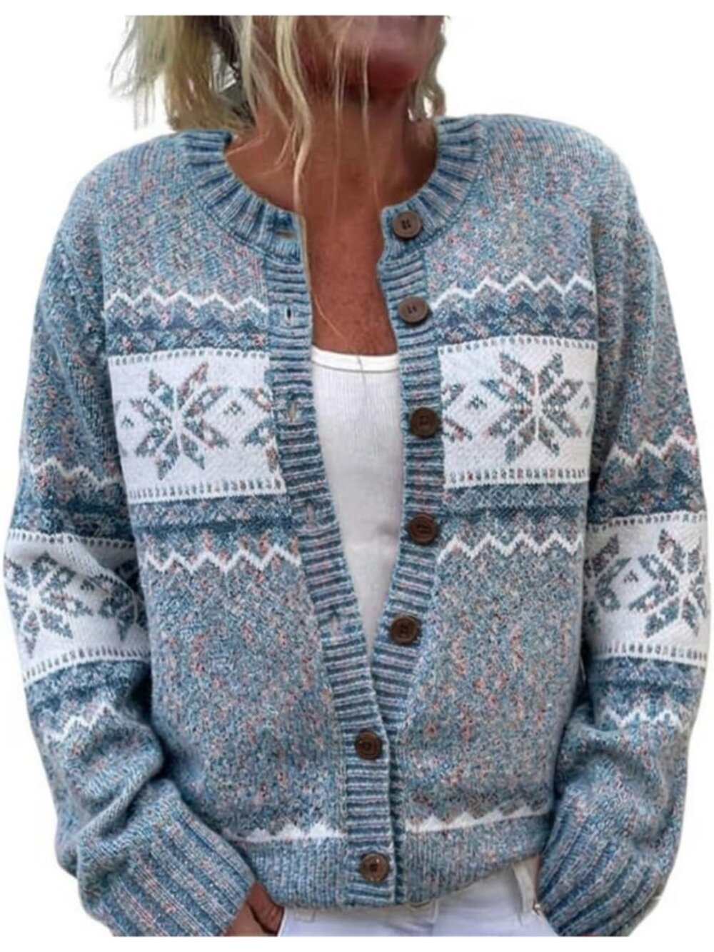 Women’s Blue Fair Isle Snowflake Winter Knit Button Cardigan Sweater